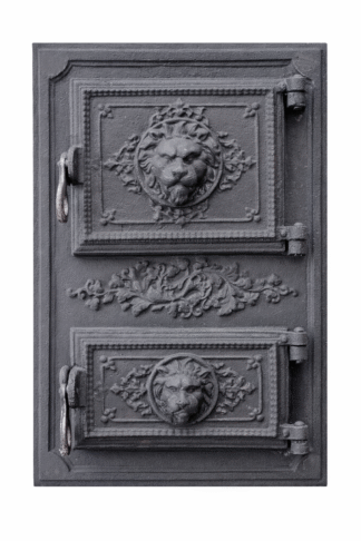 Dvierka liatinové s popolníkom a ornamentom lev sporákové 31x45cm